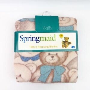 NEW Vintage Springmaid Teddy Bear AOP Fleece Receiving Baby Blanket Bows Vests